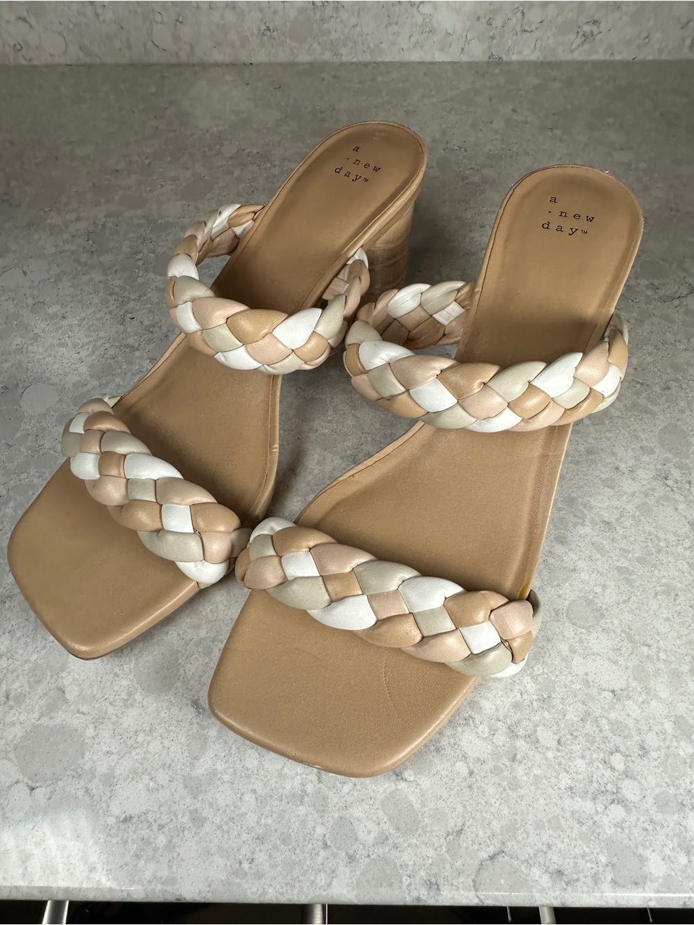 a new day Braided Two-Strap Slide Heels in Beige & Cream